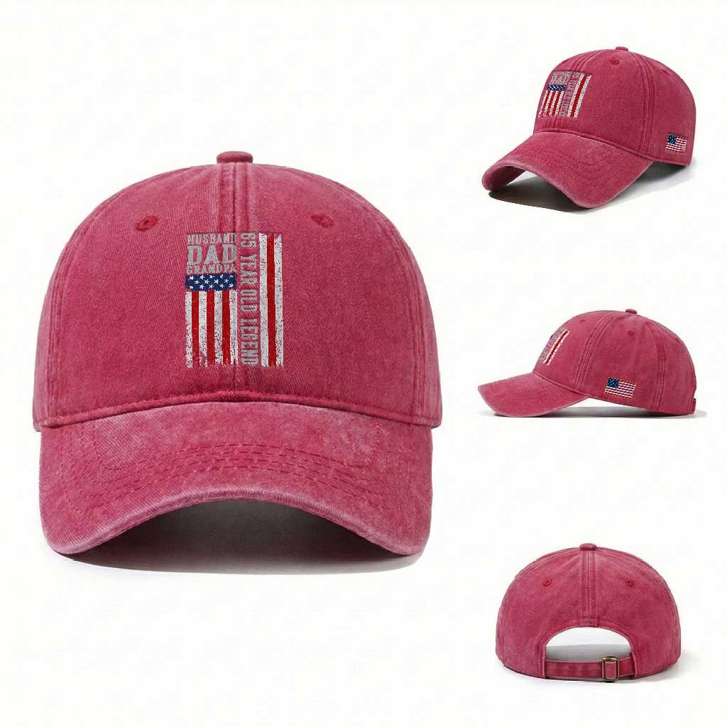 Husband Dad Grandpa 65 Year Old Legend Washed Cotton Baseball Cap American Flag Birthday Gift