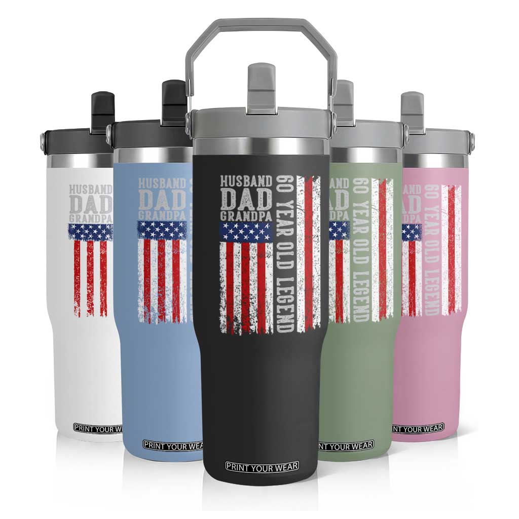 Husband Dad Grandpa 60 Year Old Legend Flip Straw Tumbler American Flag Birthday Gift
