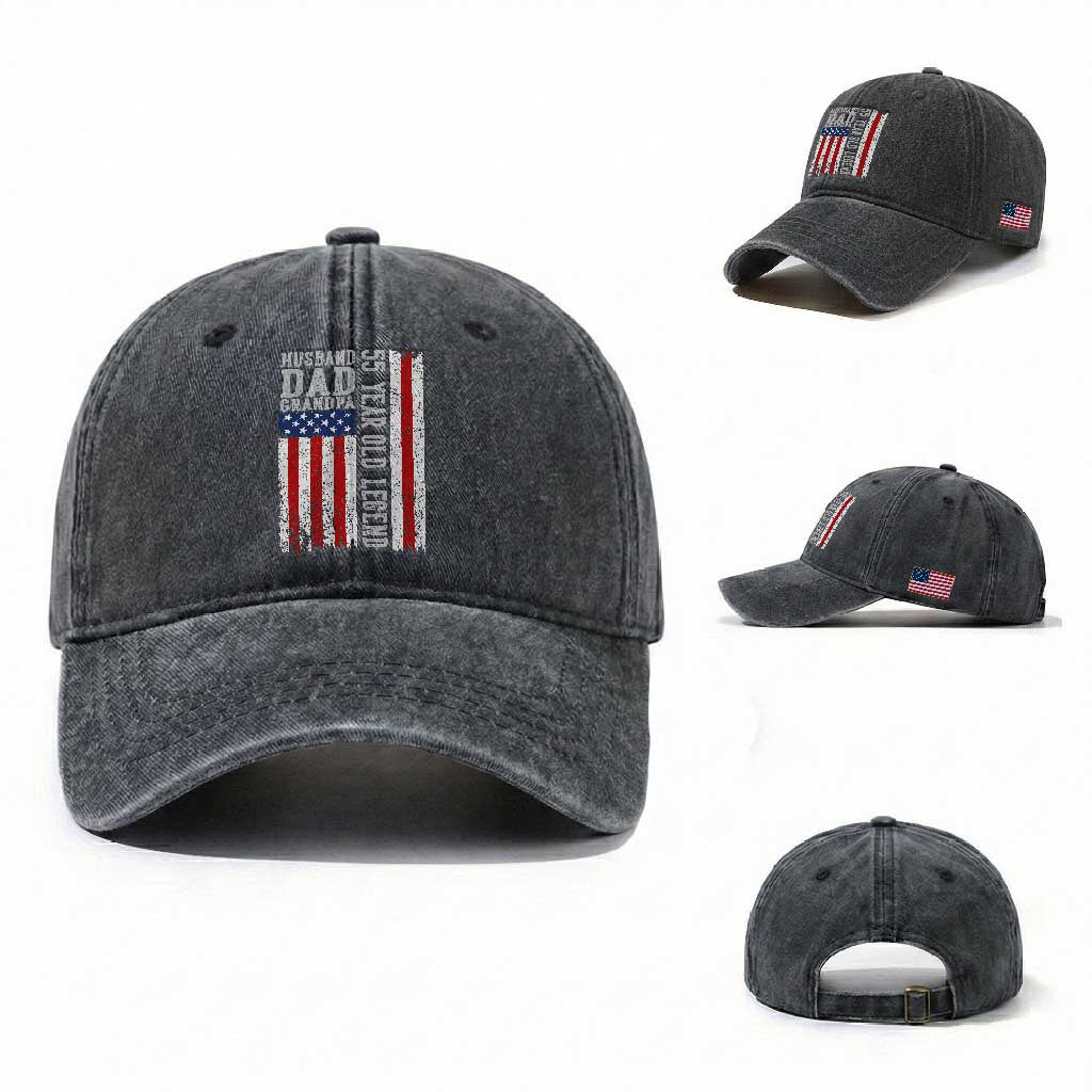 Husband Dad Grandpa 55 Year Old Legend Washed Cotton Baseball Cap American Flag Birthday Gift
