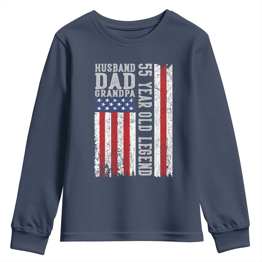 Husband Dad Grandpa 55 Year Old Legend Youth Sweatshirt American Flag Birthday Gift