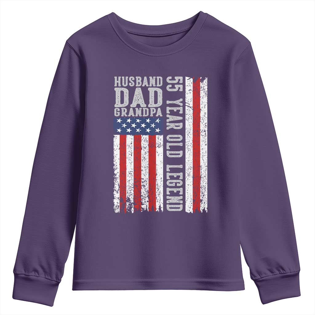 Husband Dad Grandpa 55 Year Old Legend Youth Sweatshirt American Flag Birthday Gift