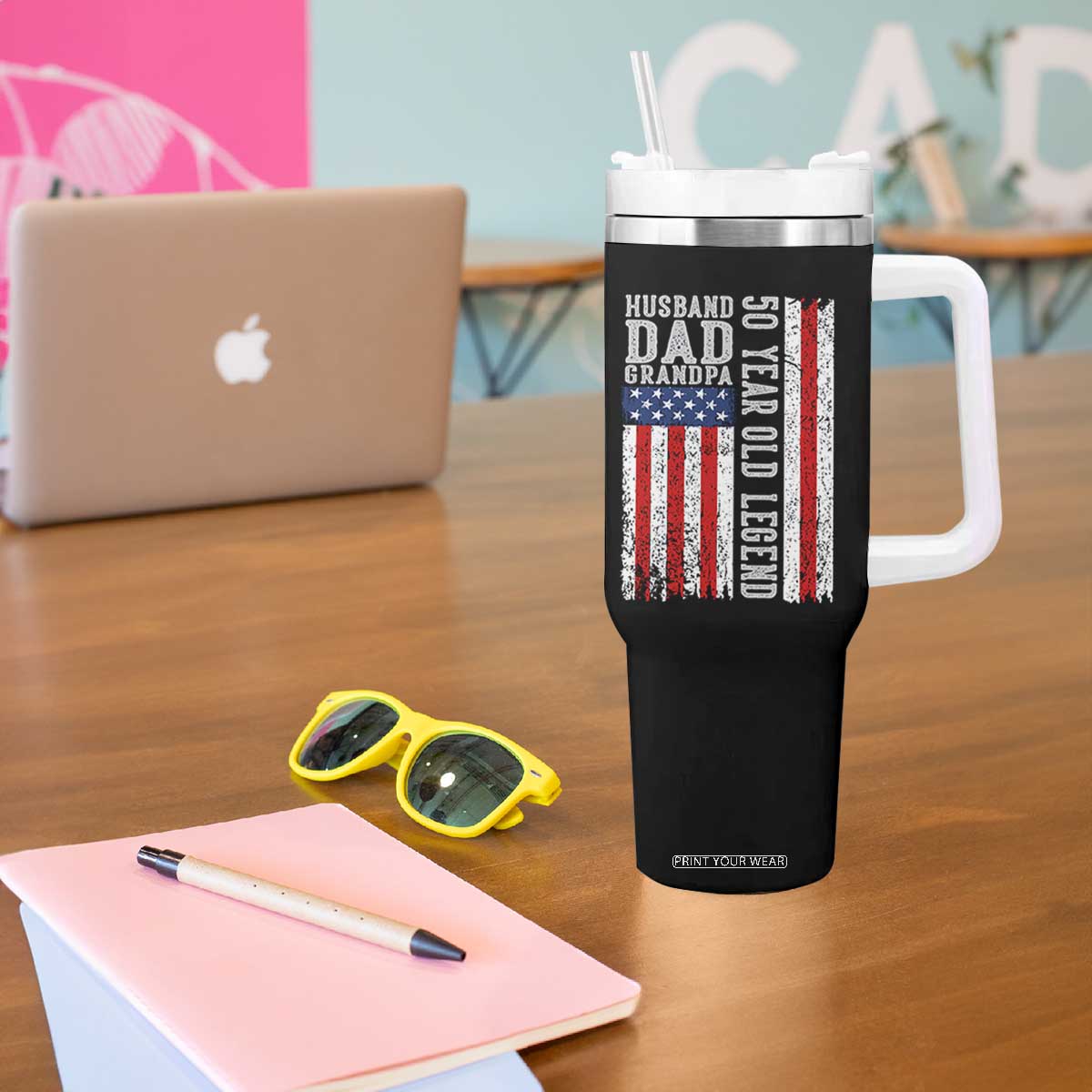 Husband Dad Grandpa 50 Year Old Legend Tumbler With Handle American Flag Birthday Gift