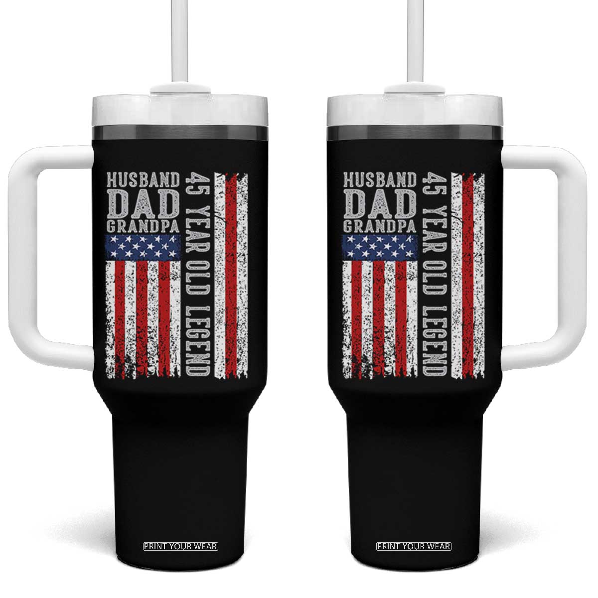 Husband Dad Grandpa 45 Year Old Legend Tumbler With Handle American Flag Birthday Gift