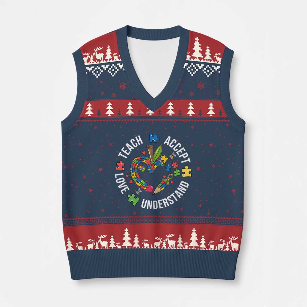 Special Education Teacher Autism V-Neck Knit Sweater Vest Teach Accept Understand Love