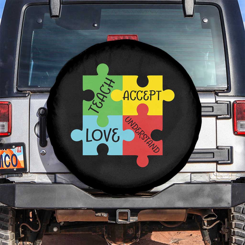 Special Ed Educator Autism Support Spare Tire Cover Teach Accept Understand Love TS12 No hole Black Print Your Wear