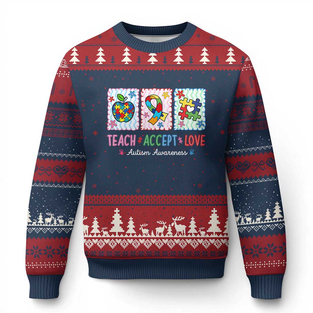 Autism Acceptance Support Ugly Christmas Sweater Teach Accept Love