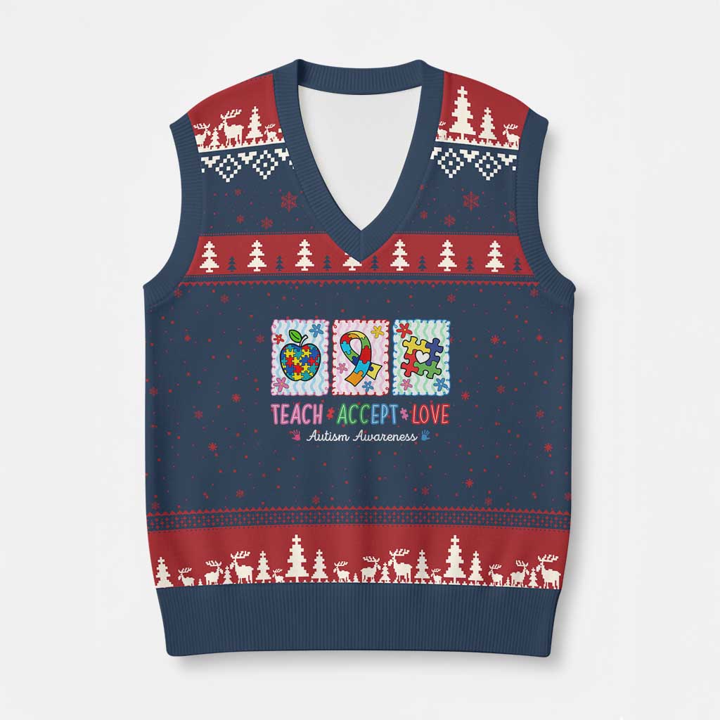 Autism Acceptance Support V-Neck Knit Sweater Vest Teach Accept Love