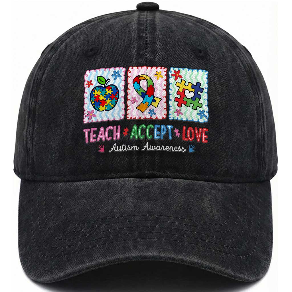 Autism Acceptance Support Washed Cotton Baseball Cap Teach Accept Love
