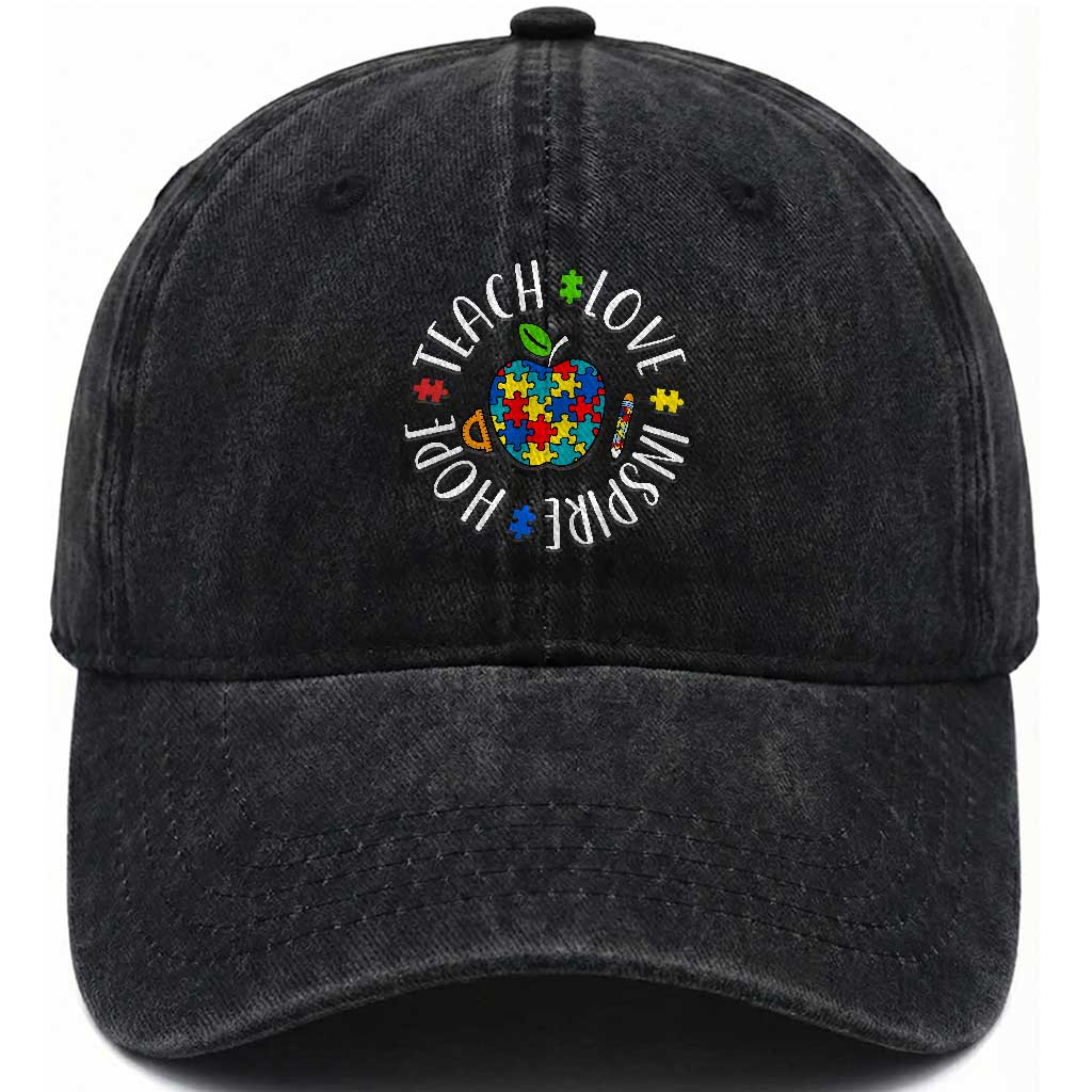 Autism Acceptance Teacher Washed Cotton Baseball Cap Teach Love Hope Inspire TS12 Print Your Wear