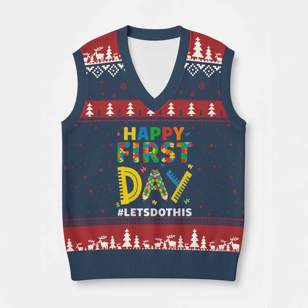 Autism Acceptance Back To School Educator V-Neck Knit Sweater Vest Happy First Day TS12 Navy Red Print Your Wear