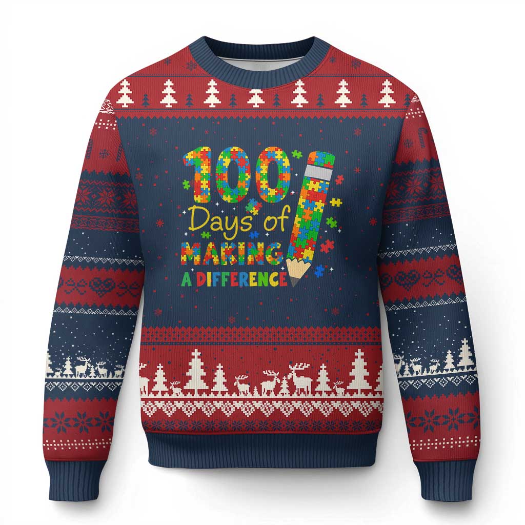 Proud Autism Teacher 100 Days Of School Ugly Christmas Sweater Making A Difference