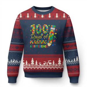 Proud Autism Teacher 100 Days Of School Ugly Christmas Sweater Making A Difference