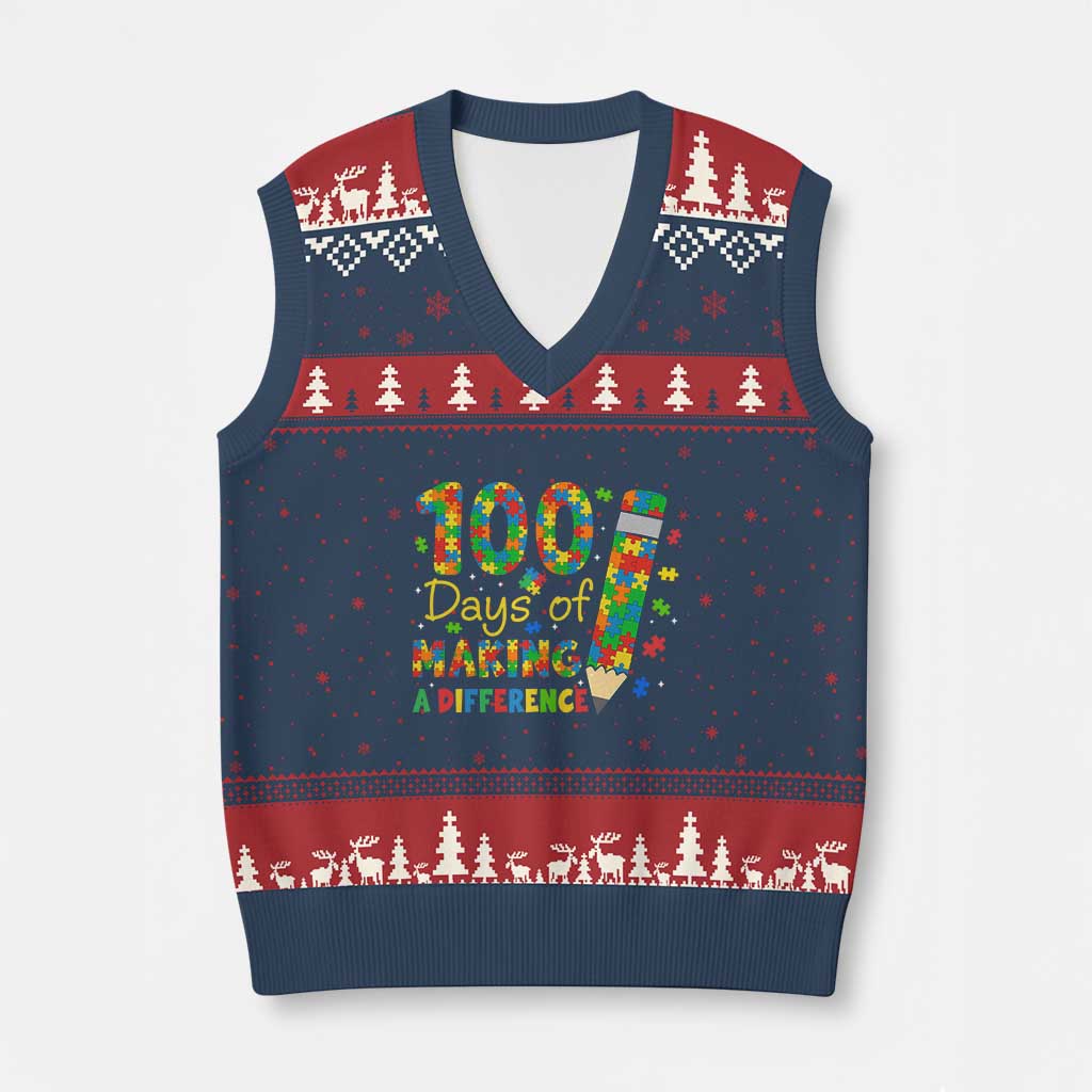 Proud Autism Teacher 100 Days Of School V-Neck Knit Sweater Vest Making A Difference