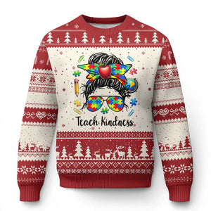 Sped Educator Autism Support Ugly Christmas Sweater Teach Kindness Messy Bun
