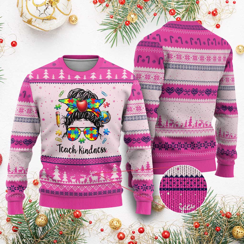 Sped Educator Autism Support Ugly Christmas Sweater Teach Kindness Messy Bun