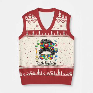Sped Educator Autism Support V-Neck Knit Sweater Vest Teach Kindness Messy Bun