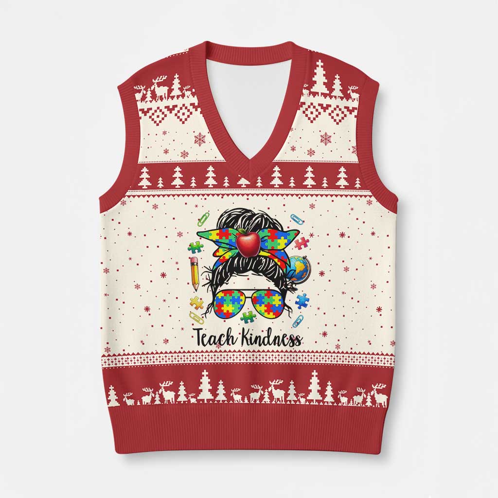 Sped Educator Autism Support V-Neck Knit Sweater Vest Teach Kindness Messy Bun TS12 Beige Red Print Your Wear
