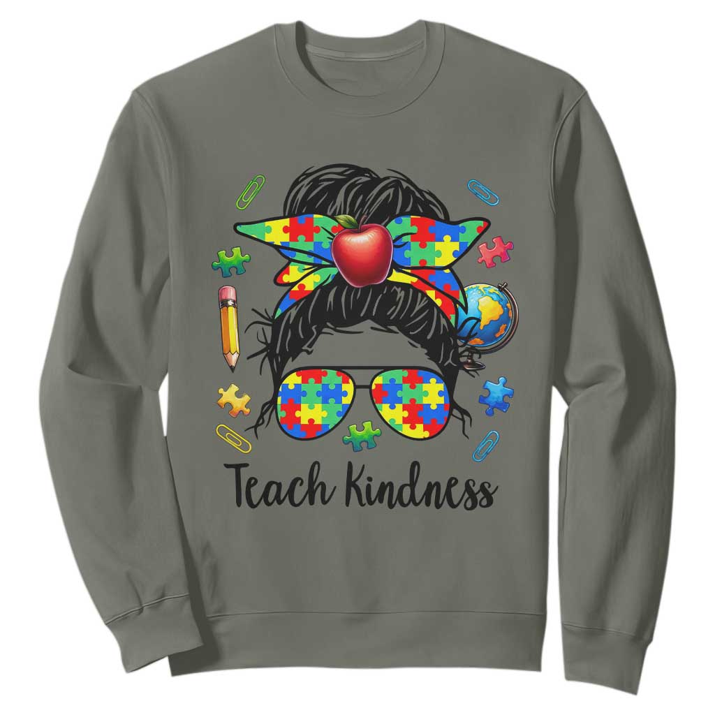 Sped Educator Autism Support Sweatshirt Teach Kindness Messy Bun