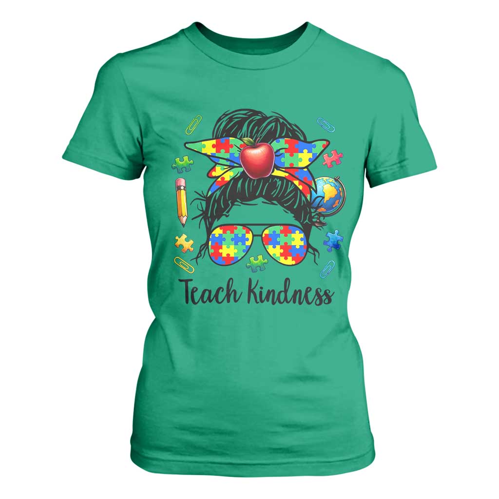 Sped Educator Autism Support T Shirt For Women Teach Kindness Messy Bun