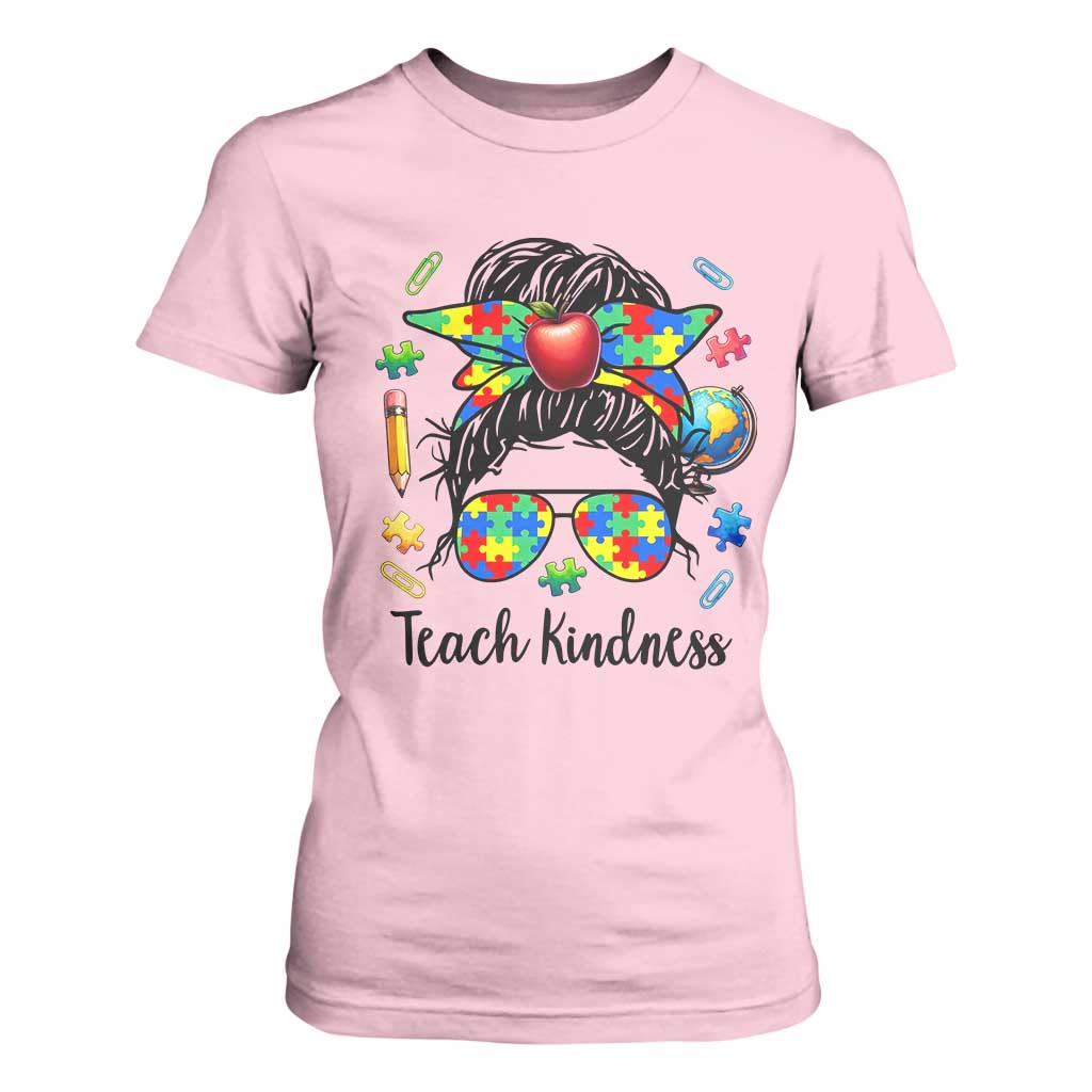 Sped Educator Autism Support T Shirt For Women Teach Kindness Messy Bun