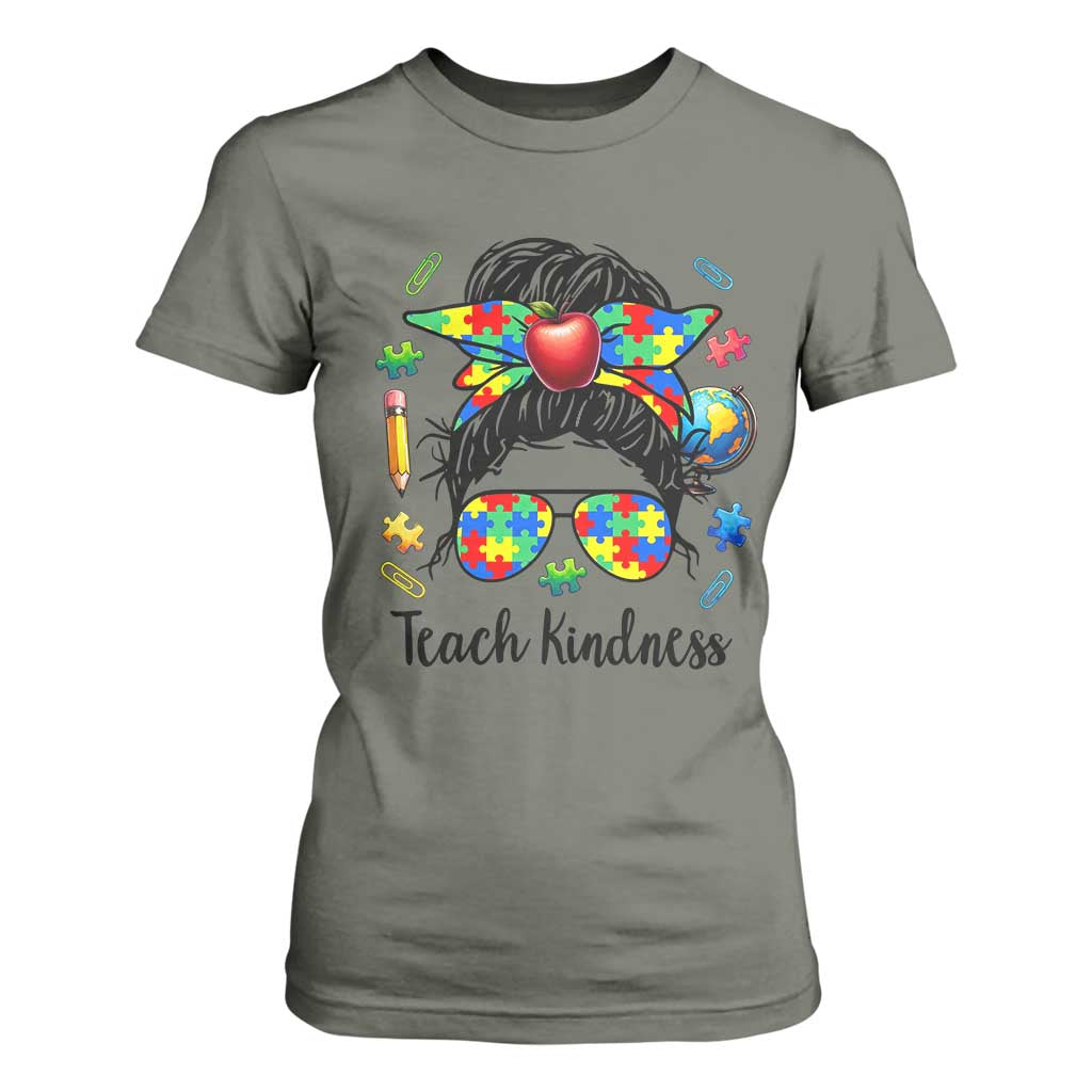 Sped Educator Autism Support T Shirt For Women Teach Kindness Messy Bun