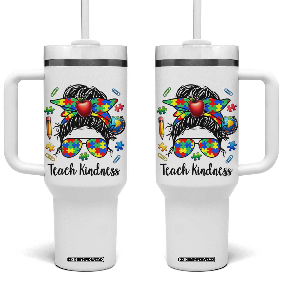 Sped Educator Autism Support Tumbler With Handle Teach Kindness Messy Bun