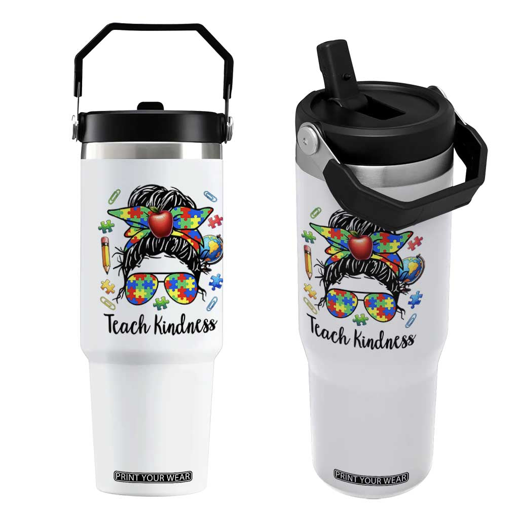 Sped Educator Autism Support Flip Straw Tumbler Teach Kindness Messy Bun