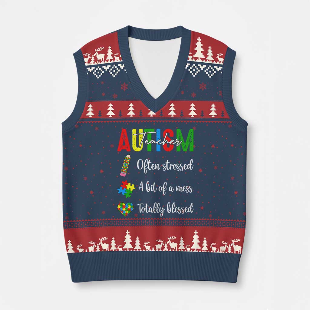 Autism Support Educator V-Neck Knit Sweater Vest Often Stressed A Bit Of A Mess Totally Blessed TS12 Navy Red Print Your Wear