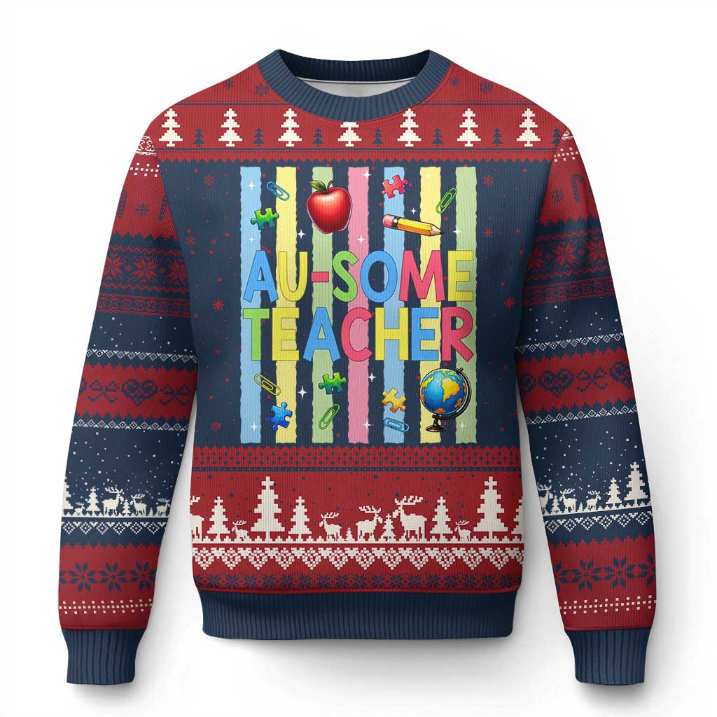 Special Ed Teacher Autism Acceptance Ugly Christmas Sweater Au Some Teacher TS12 Navy Red Print Your Wear