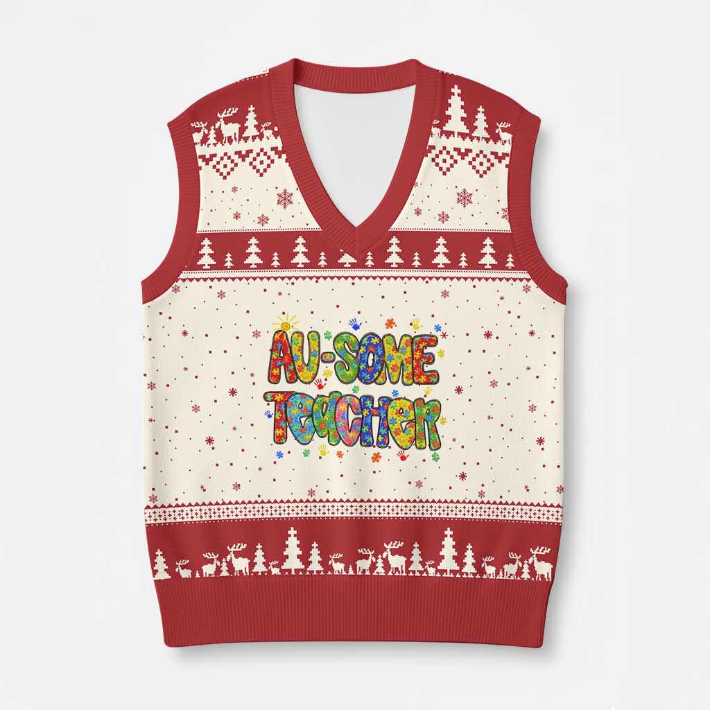 Autism Acceptance Special Education Teacher V-Neck Knit Sweater Vest Au Some Teacher TS12 Beige Red Print Your Wear