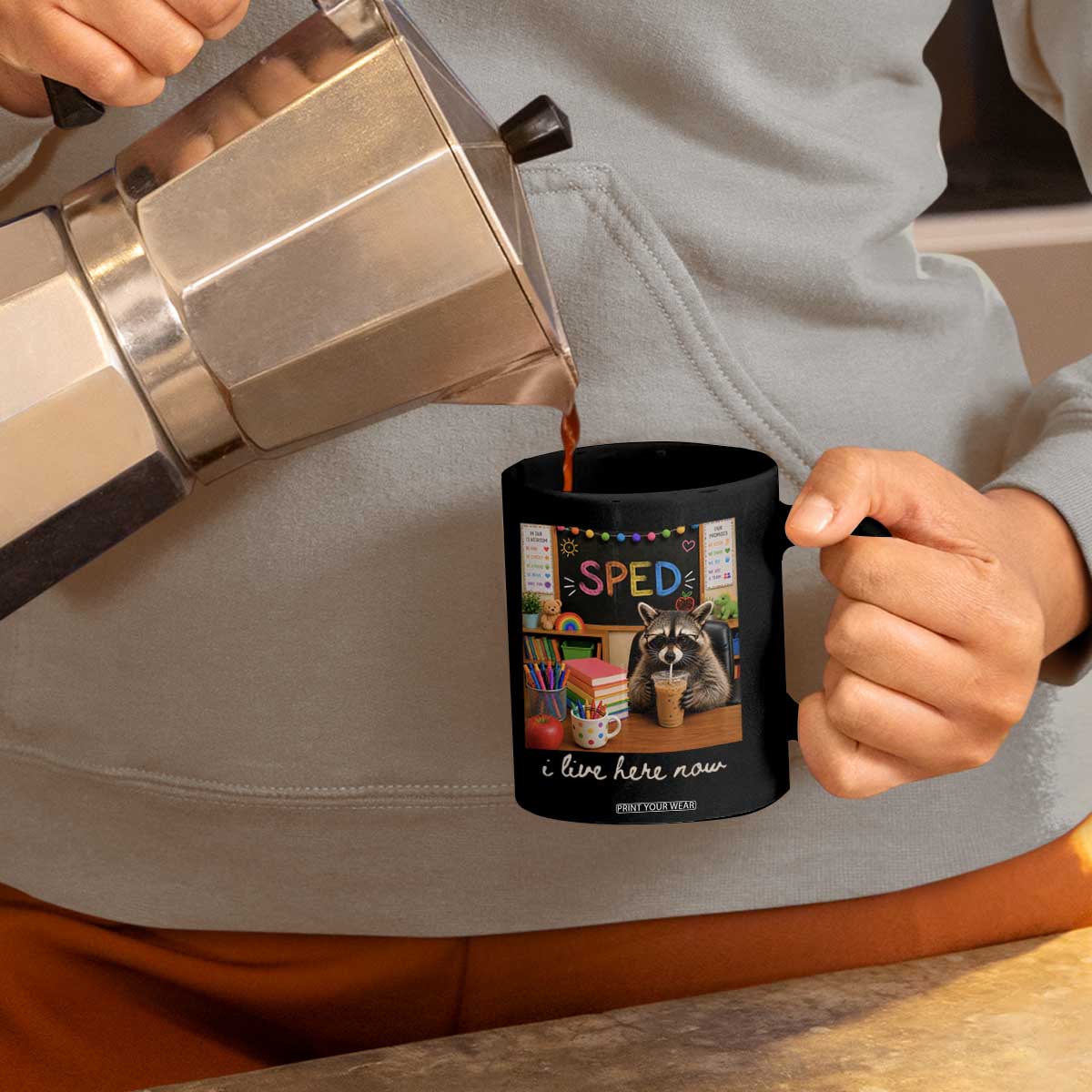 Funny SPED Raccoon Teacher Coffee Mug I Live Here Now