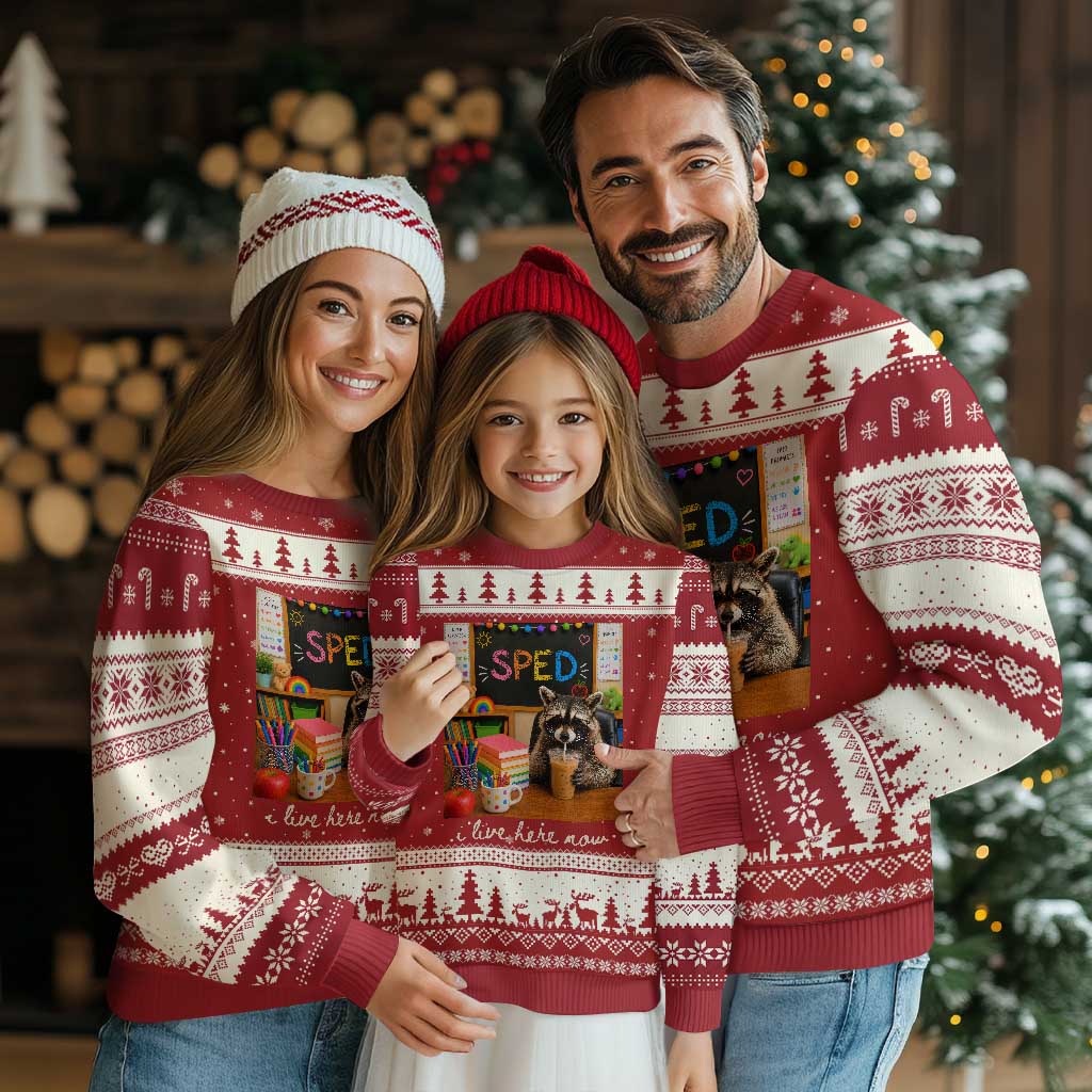 Funny SPED Raccoon Teacher Ugly Christmas Sweater I Live Here Now