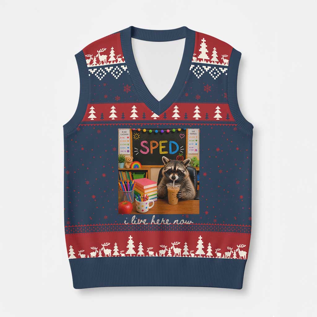 Funny SPED Raccoon Teacher V-Neck Knit Sweater Vest I Live Here Now TS12 Navy Red Print Your Wear