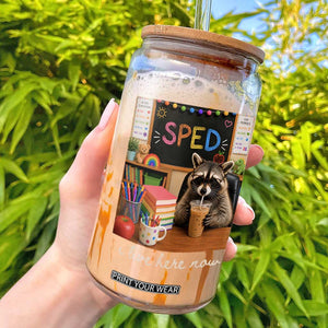 Funny SPED Raccoon Teacher Glass Can I Live Here Now