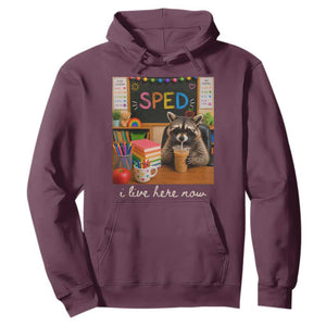 Funny SPED Raccoon Teacher Hoodie I Live Here Now