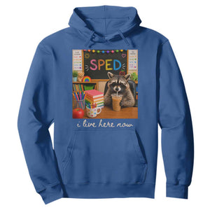 Funny SPED Raccoon Teacher Hoodie I Live Here Now