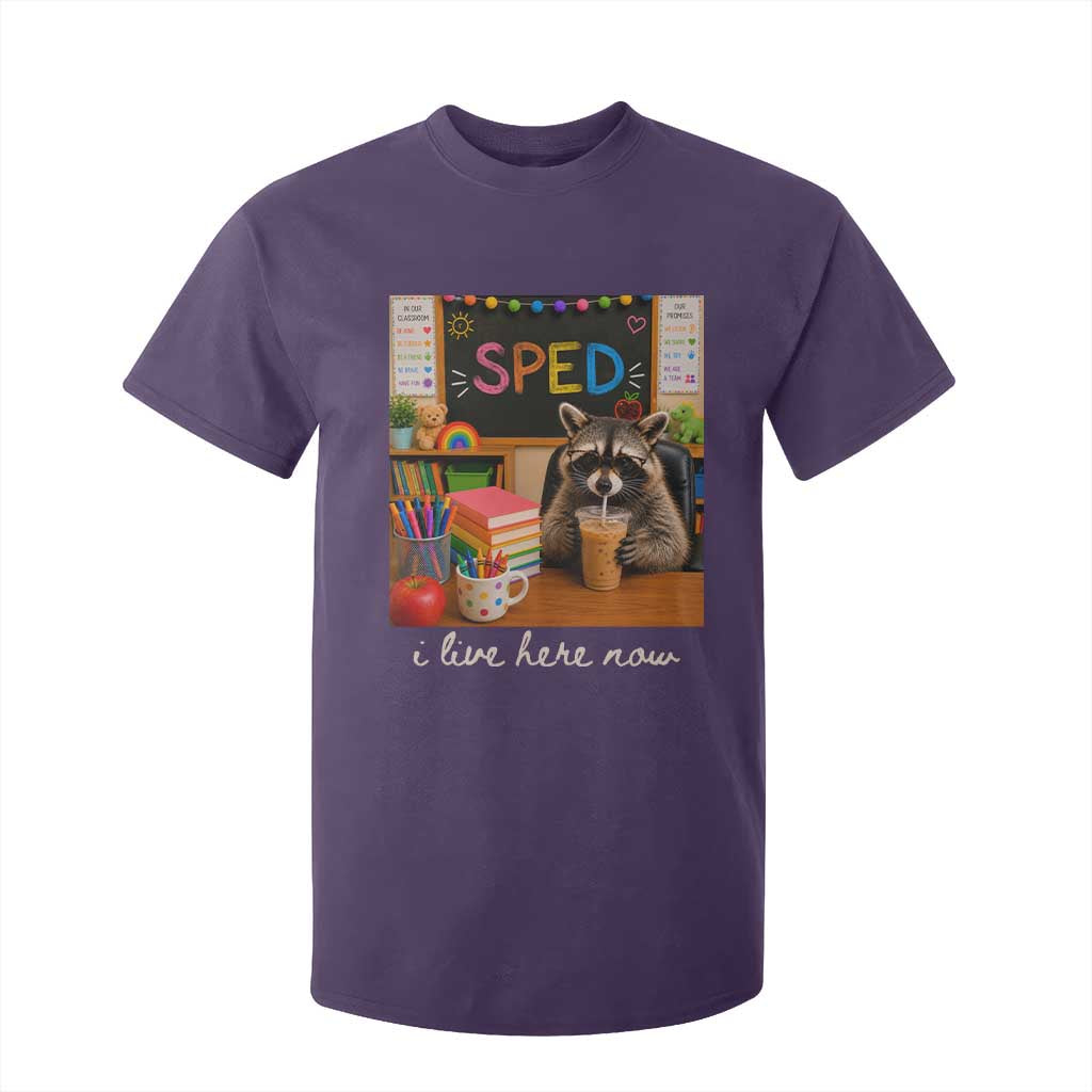 Funny SPED Raccoon Teacher T Shirt For Kid I Live Here Now