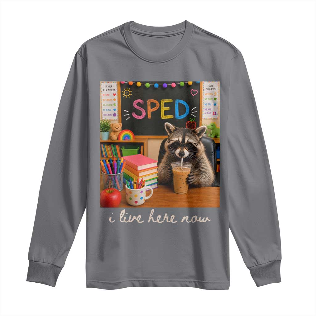 Funny SPED Raccoon Teacher Long Sleeve Shirt I Live Here Now