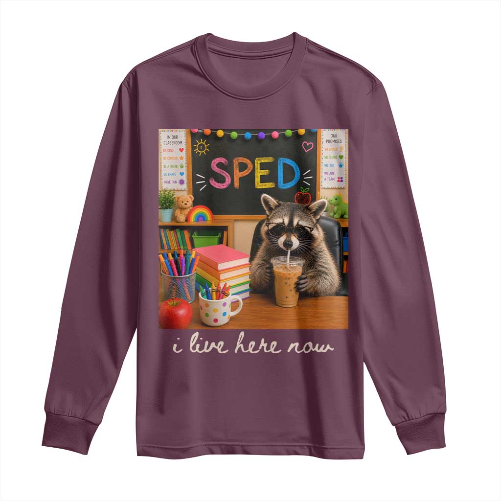 Funny SPED Raccoon Teacher Long Sleeve Shirt I Live Here Now