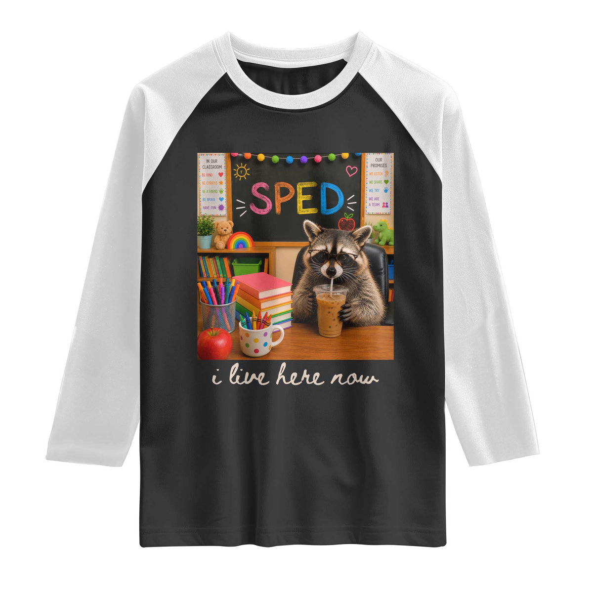 Funny SPED Raccoon Teacher Raglan Shirt I Live Here Now