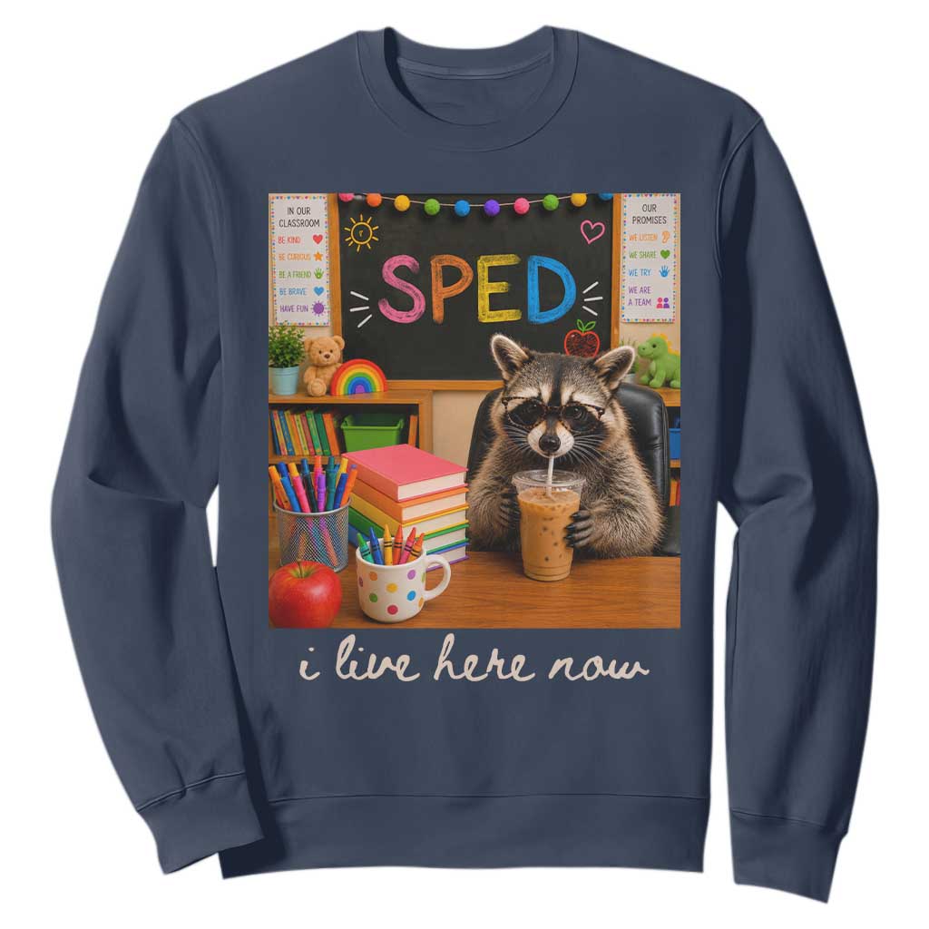 Funny SPED Raccoon Teacher Sweatshirt I Live Here Now