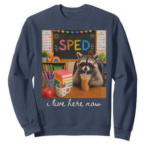 Funny SPED Raccoon Teacher Sweatshirt I Live Here Now