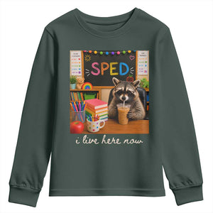 Funny SPED Raccoon Teacher Youth Sweatshirt I Live Here Now