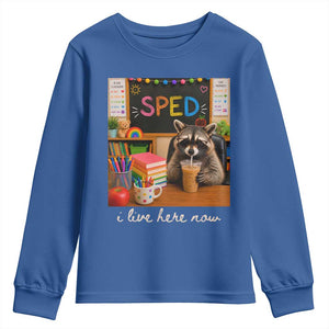 Funny SPED Raccoon Teacher Youth Sweatshirt I Live Here Now