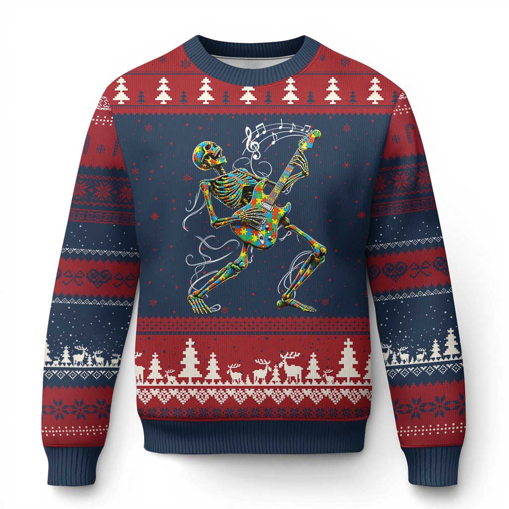 Autism Acceptance Rock Guitar Skeleton Ugly Christmas Sweater Music Lover