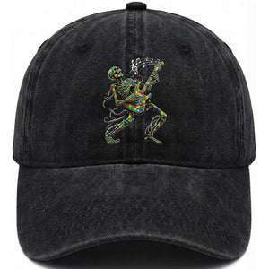 Autism Acceptance Rock Guitar Skeleton Washed Cotton Baseball Cap Music Lover