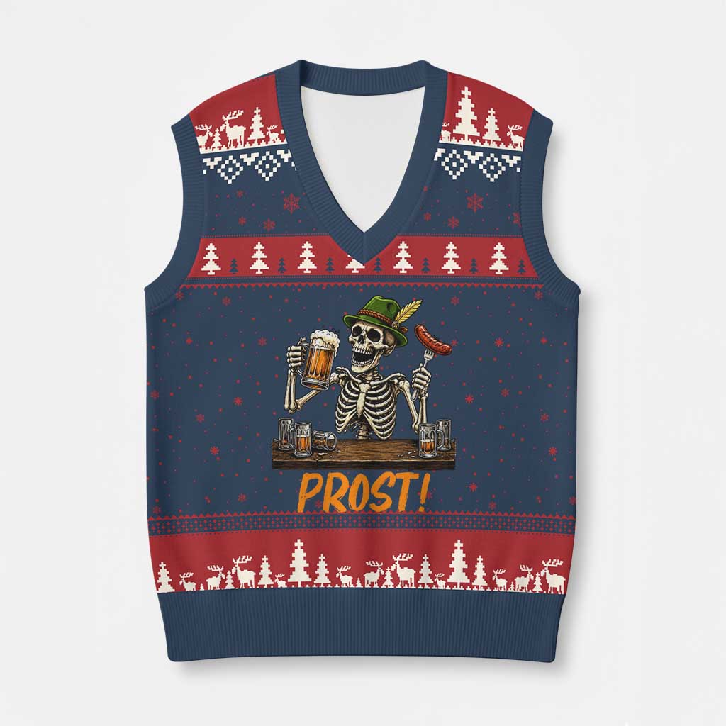 Funny Skeleton Oktoberfest V-Neck Knit Sweater Vest Prost Beer Lover Bavarian Gift TS12 Navy Red Print Your Wear