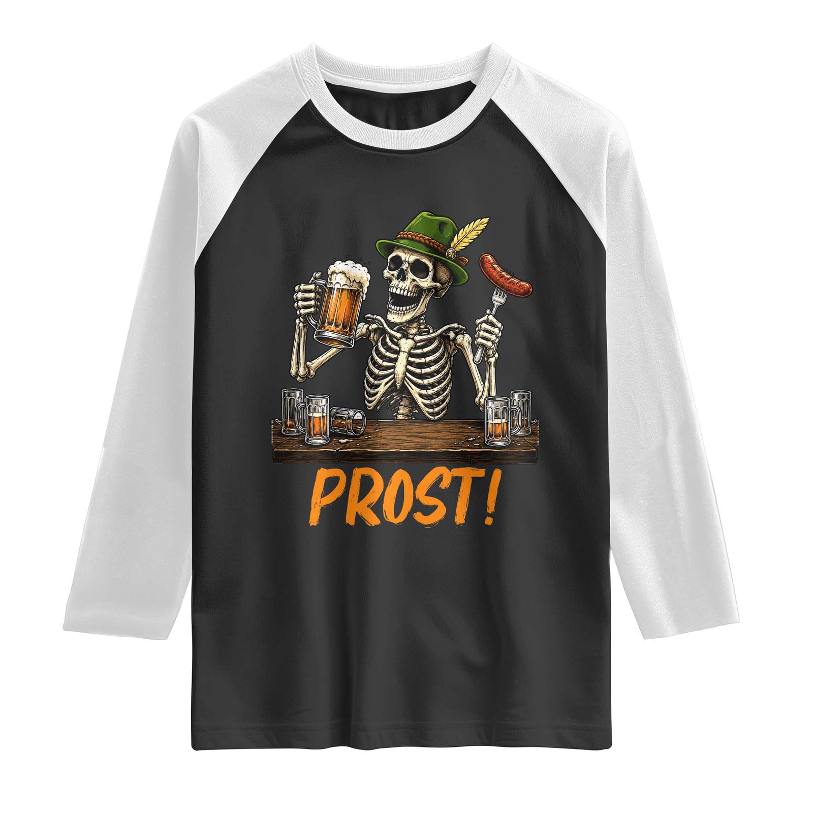 Funny Skeleton Oktoberfest Raglan Shirt Prost Beer Lover Bavarian Gift TS12 Black White Print Your Wear