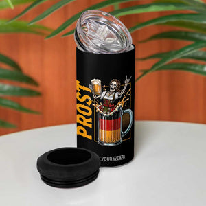 Funny Skeleton Oktoberfest 4 in 1 Can Cooler Tumbler Spooky Prost German Beer Drinker Graphic