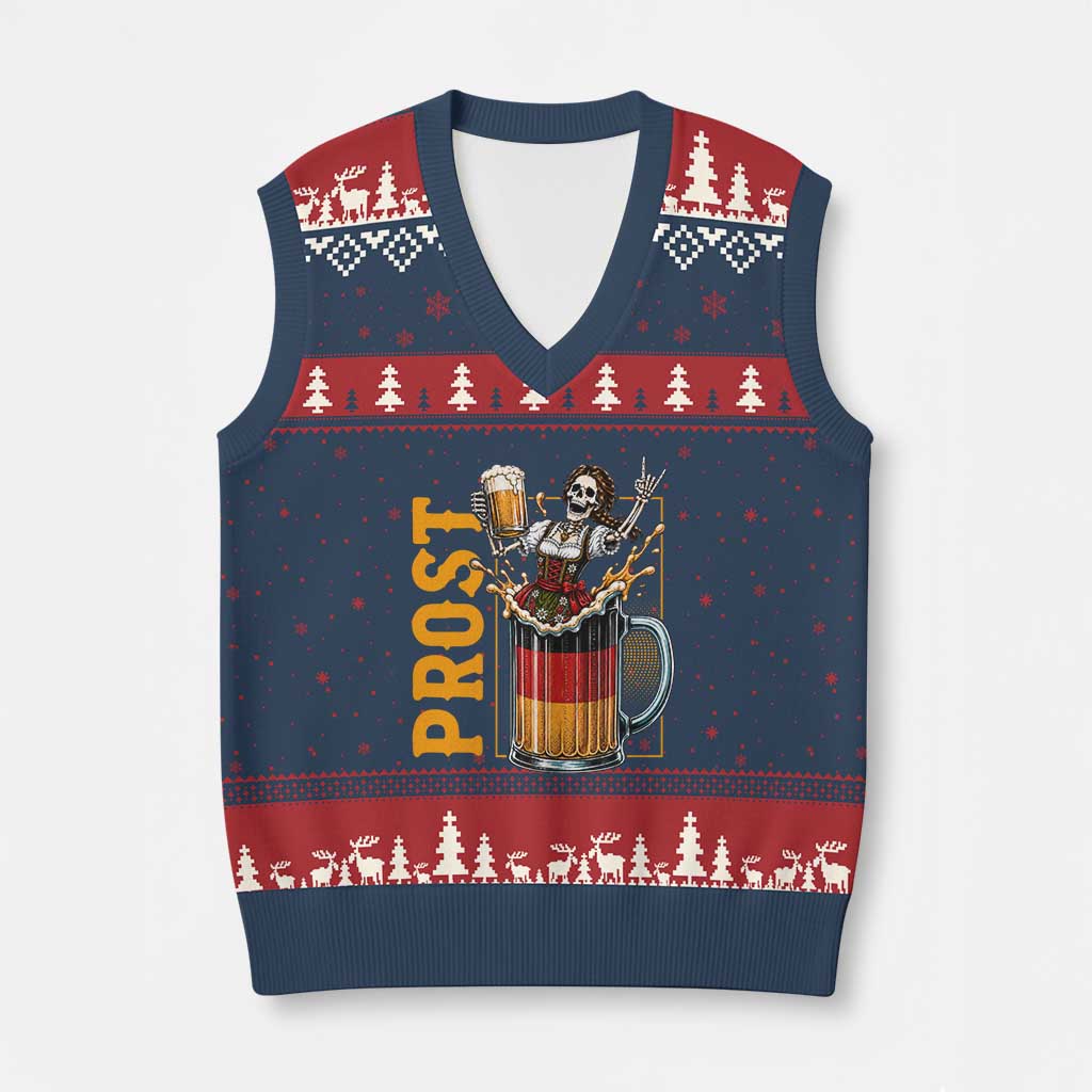 Funny Skeleton Oktoberfest V-Neck Knit Sweater Vest Spooky Prost German Beer Drinker Graphic TS12 Navy Red Print Your Wear